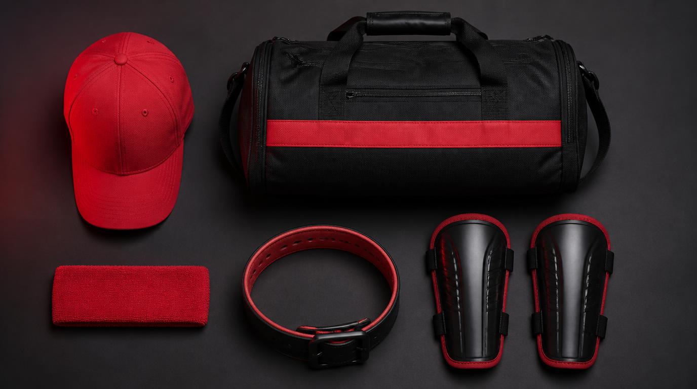 Custom sports accessories including caps, bags, headbands, belts and shin guards