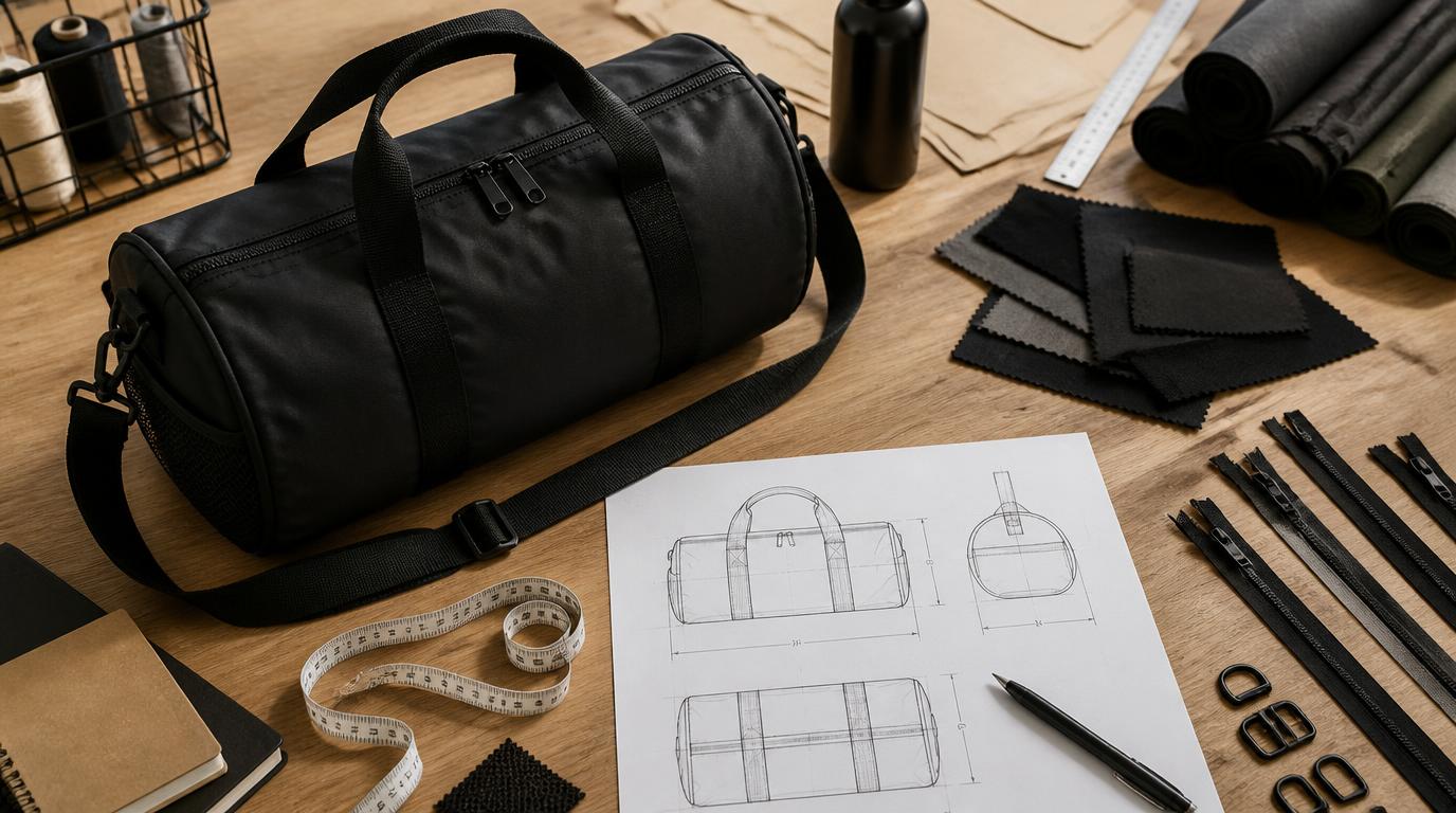 Technical sketch and spec sheet of a custom sports bag with size and material details